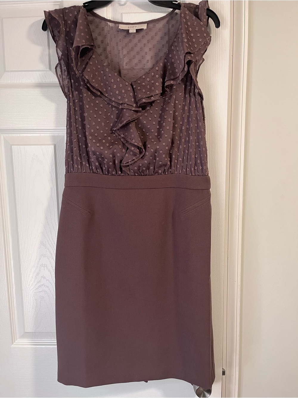 LOFT Brown Ruffle-Front Sheath Dress